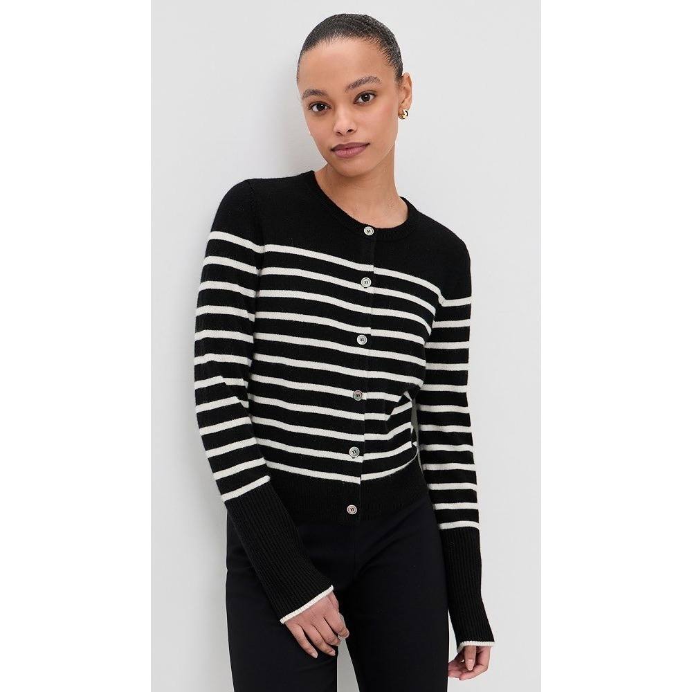 La Ligne Lean Lines Cashmere Cardigan Black Cream Striped Button Down NWT Size M